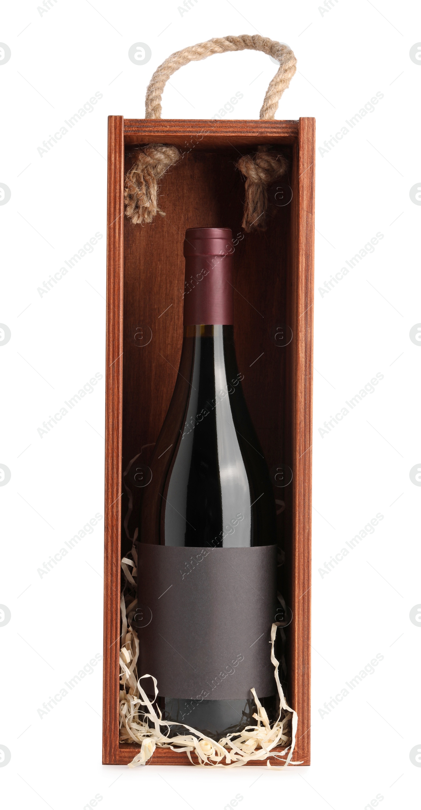 Photo of Wooden gift box with wine isolated on white