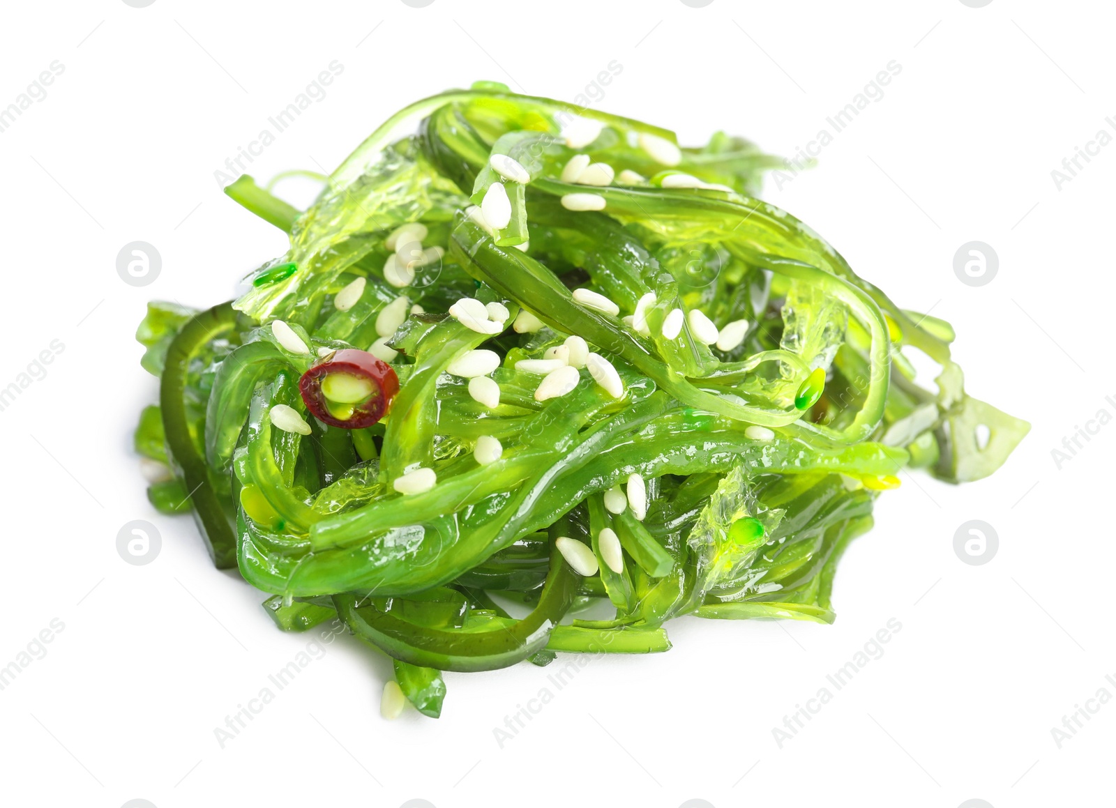 Photo of Delicious fresh seaweed salad on white background