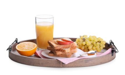 Photo of Wooden tray with delicious breakfast on white background