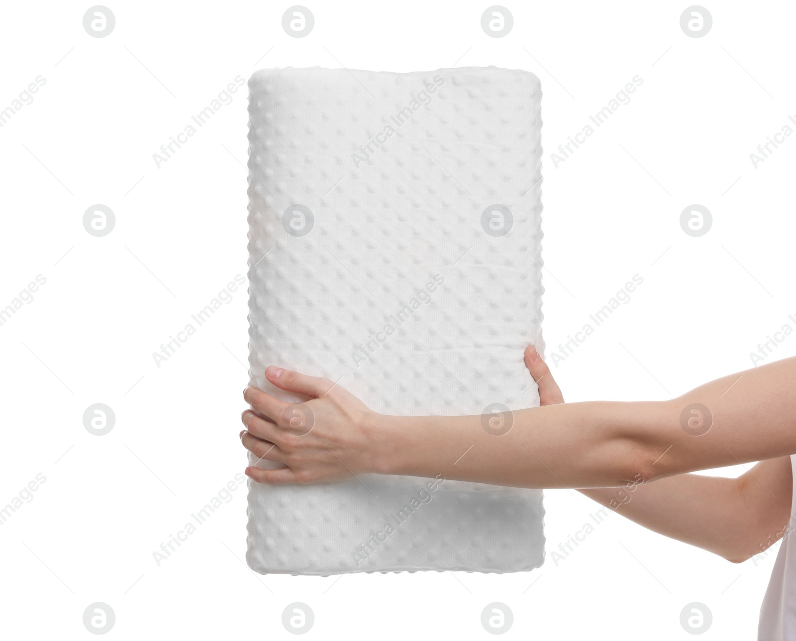 Photo of Woman with orthopedic pillow on white background, closeup