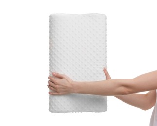 Woman with orthopedic pillow on white background, closeup