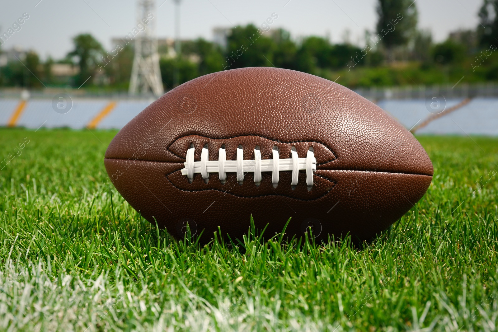 Photo of American football ball on green field grass in stadium, closeup