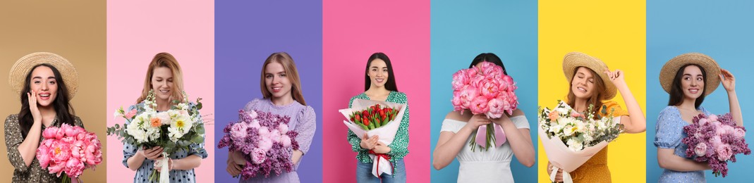 Image of Charming ladies with beautiful flowers on different colors backgrounds, collage. 8 March - Happy Women's Day