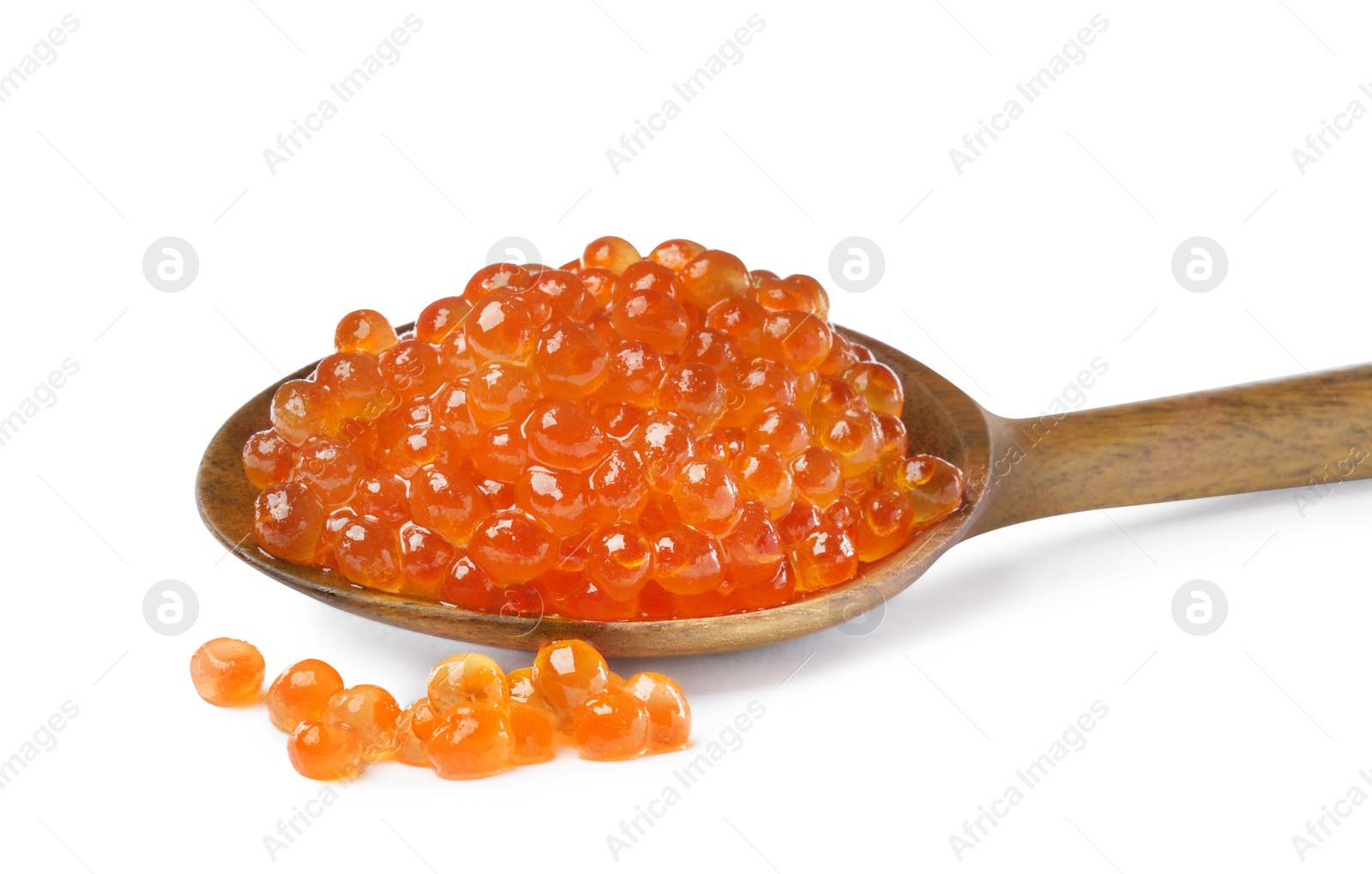 Photo of Wooden spoon and delicious red caviar isolated on white