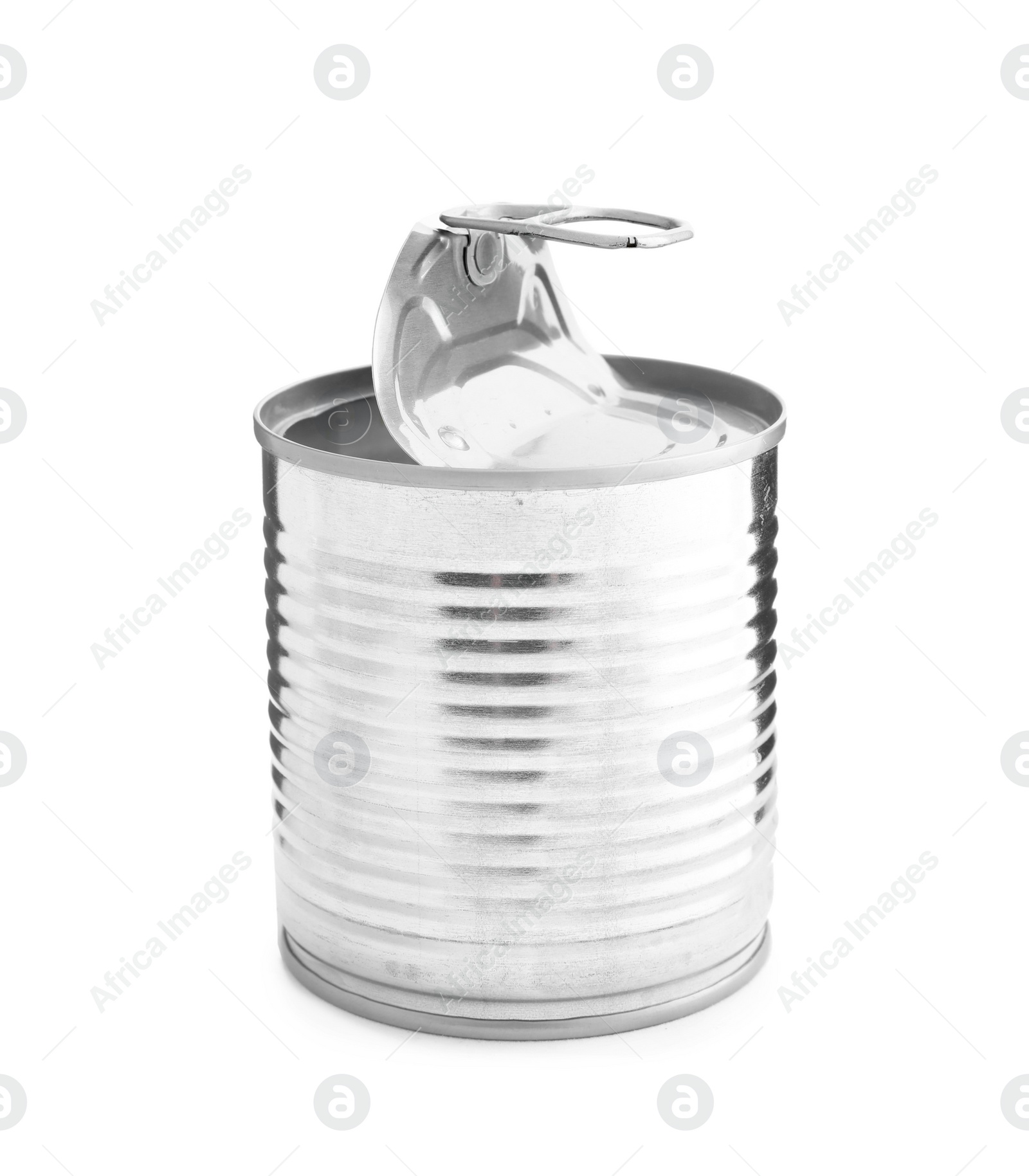 Photo of Open tin can of food isolated on white