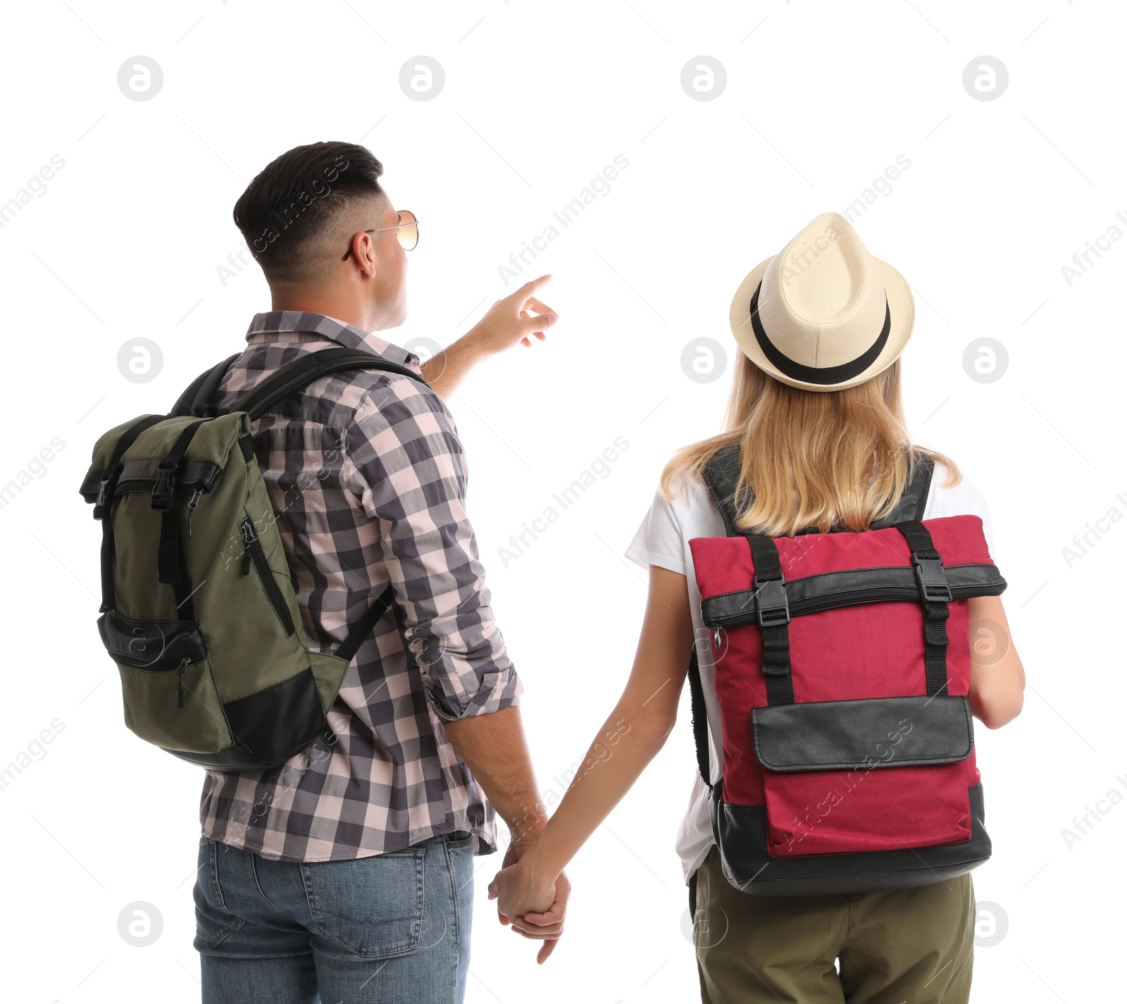 Photo of Couple with backpacks on white background, back view. Summer travel