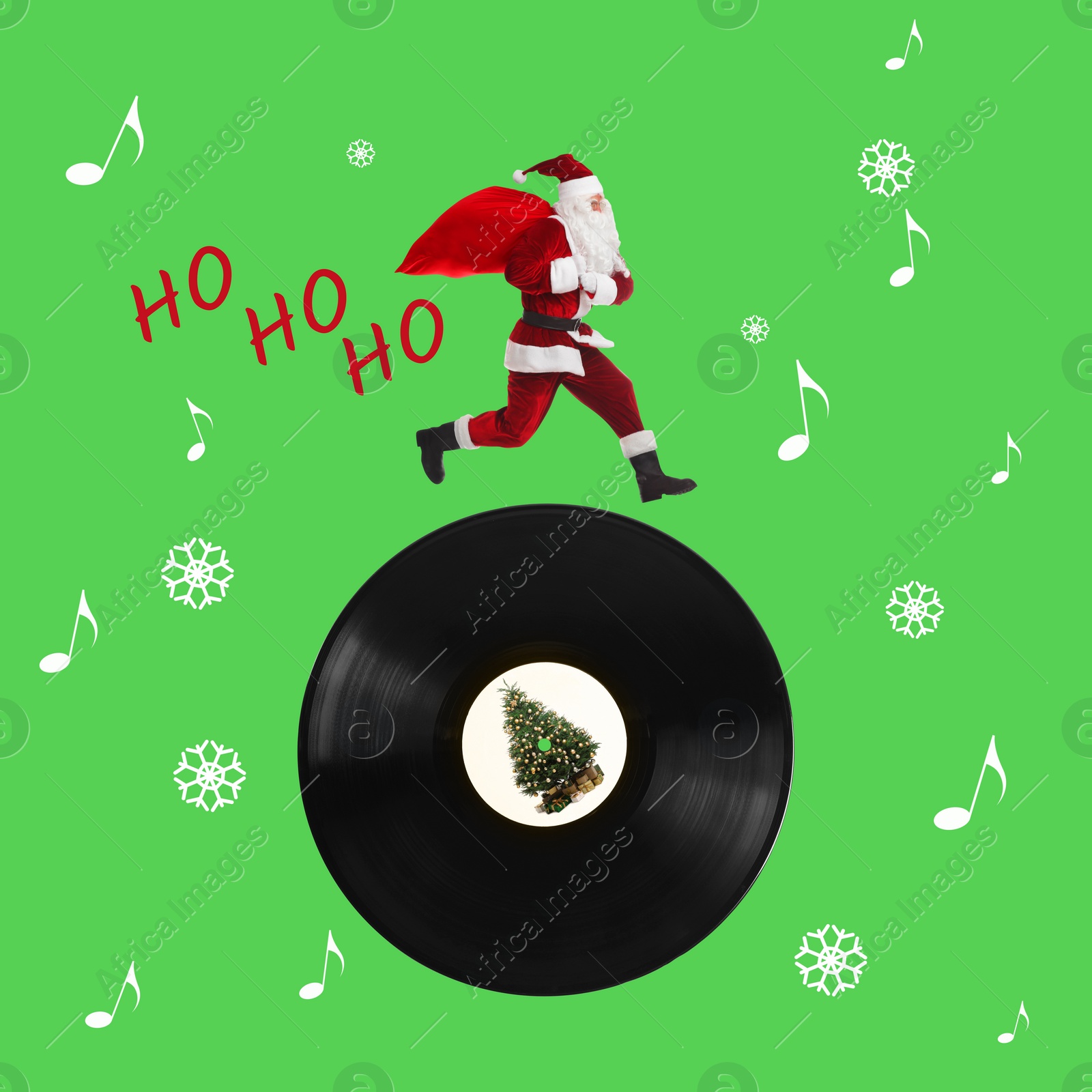 Image of Winter holidays bright artwork. Creative collage with Santa Claus running on vinyl record against light green background