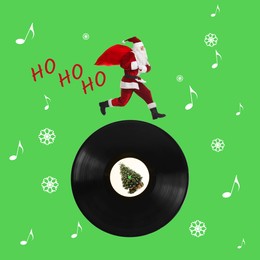 Winter holidays bright artwork. Creative collage with Santa Claus running on vinyl record against light green background