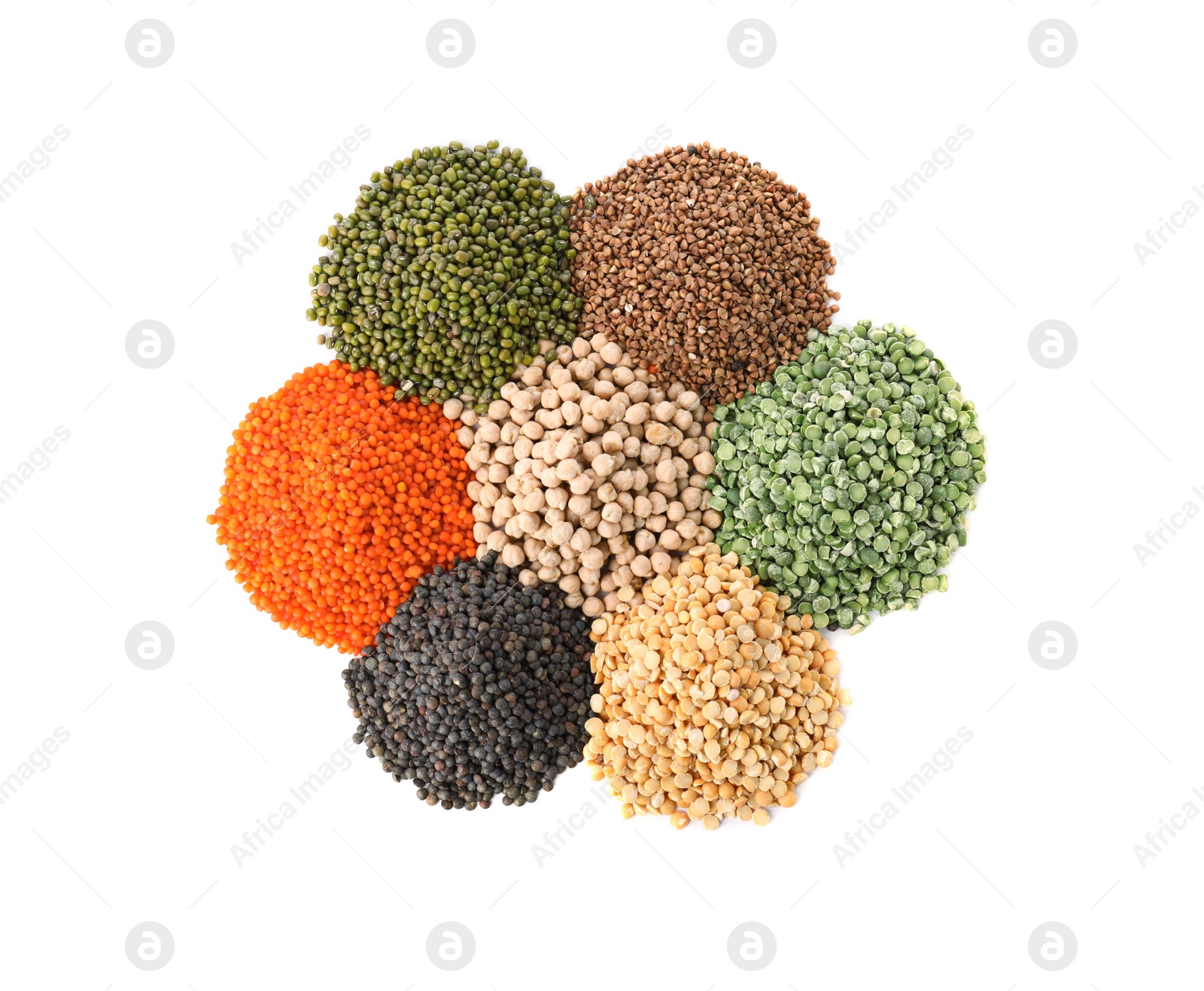 Photo of Different types of legumes and cereals on white background, top view. Organic grains