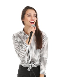 Photo of Young woman wearing casual clothes singing in microphone on white background