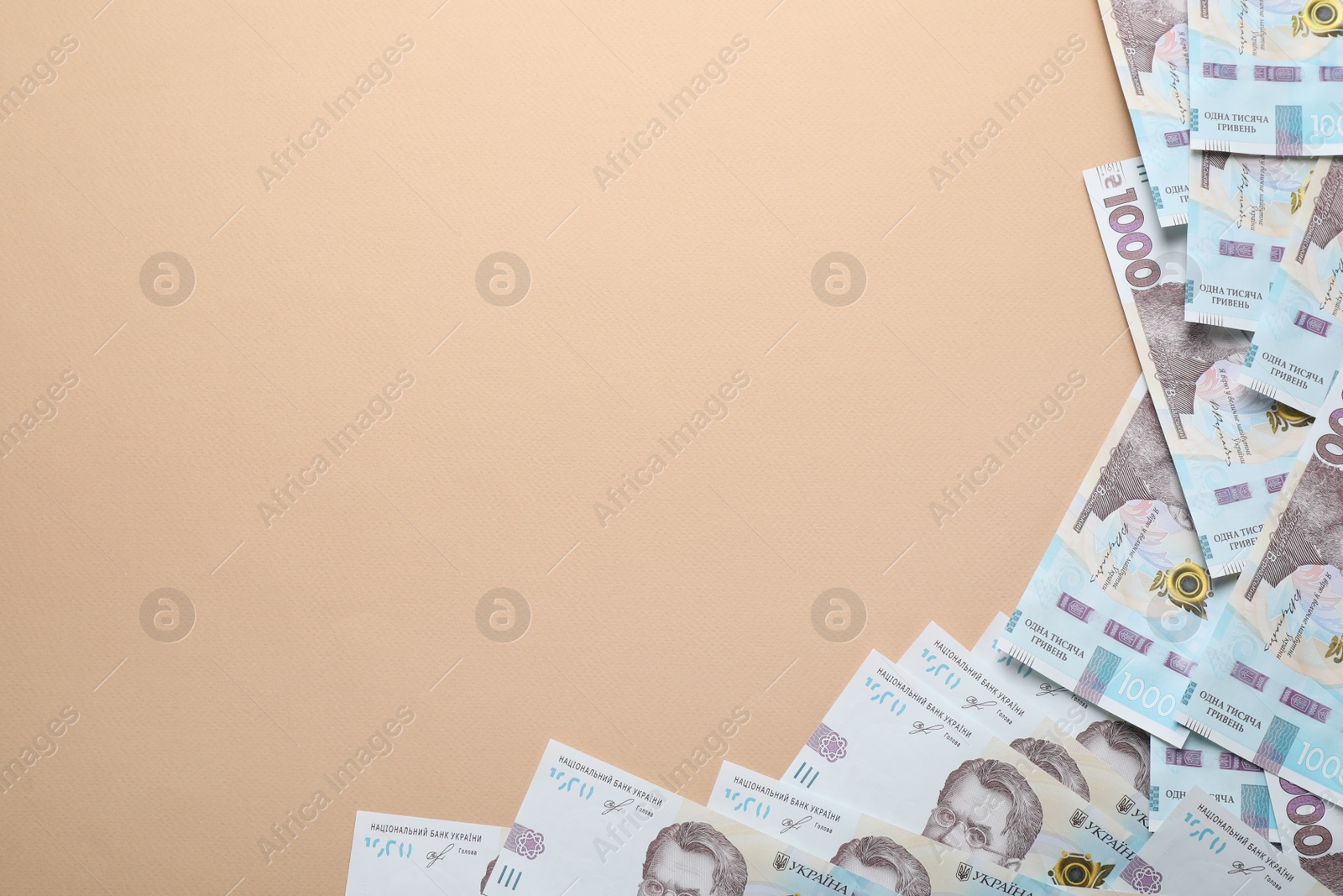 Photo of Ukrainian money on beige background, flat lay. Space for text