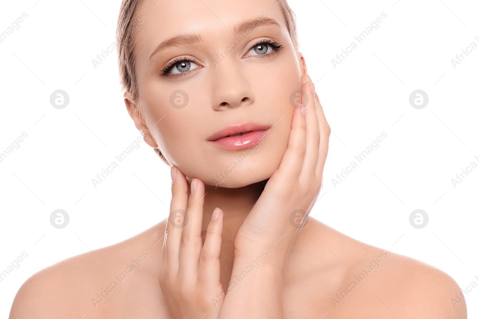 Photo of Portrait of young woman with beautiful face on white background, closeup