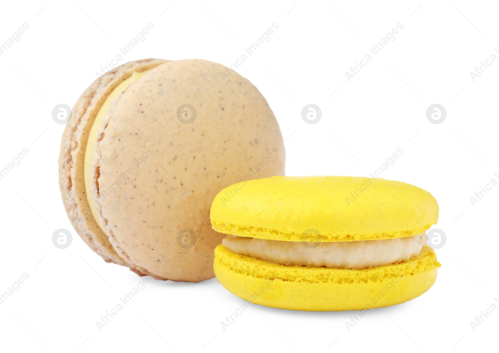 Photo of Different delicious colorful macarons on white background