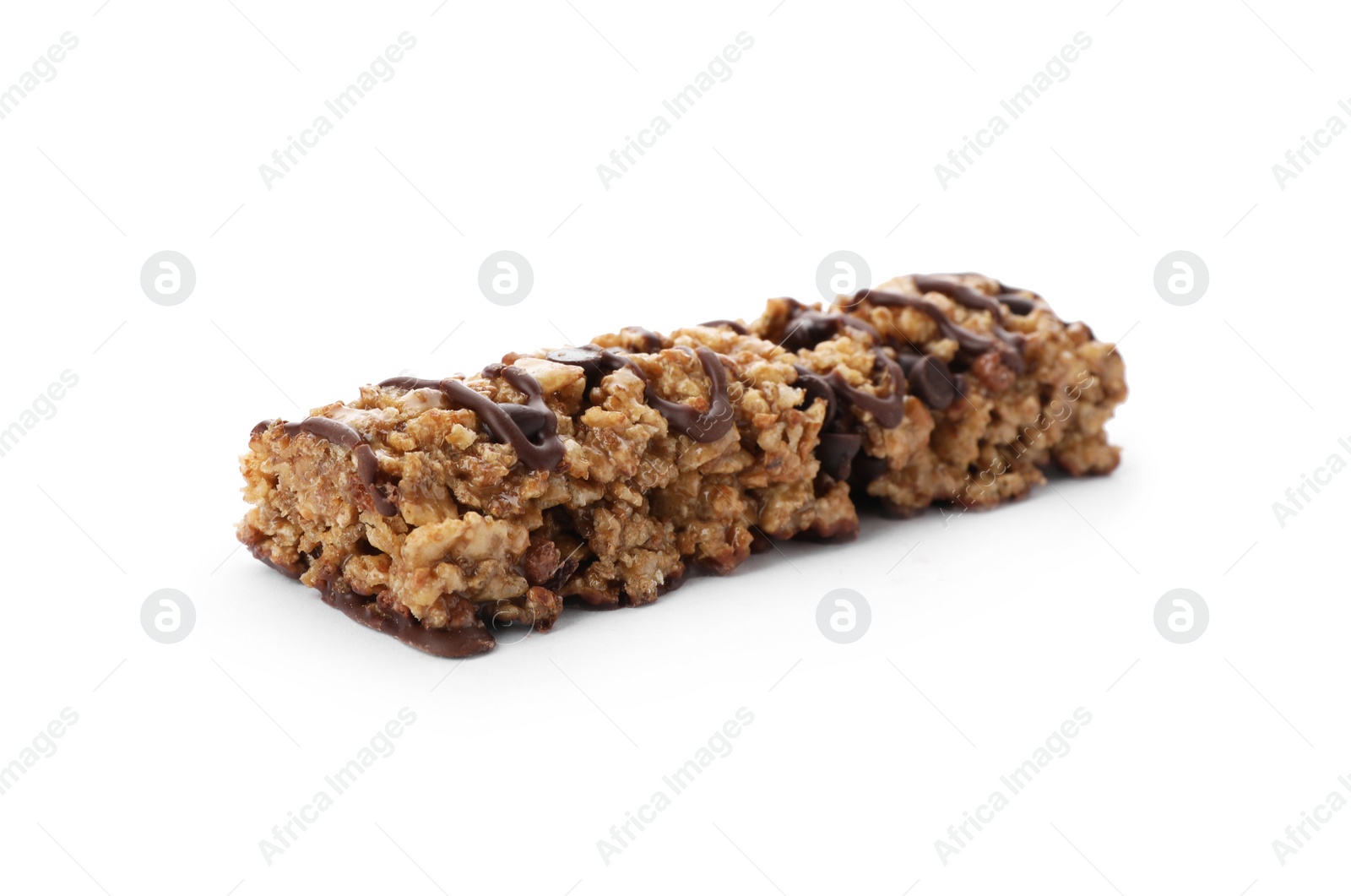 Photo of Tasty protein bar on white background. Healthy snack