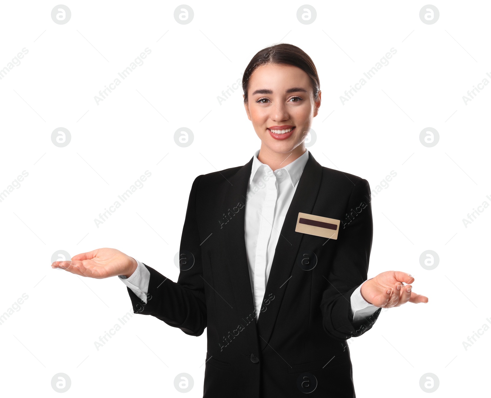 Photo of Portrait of happy young receptionist in uniform on white background