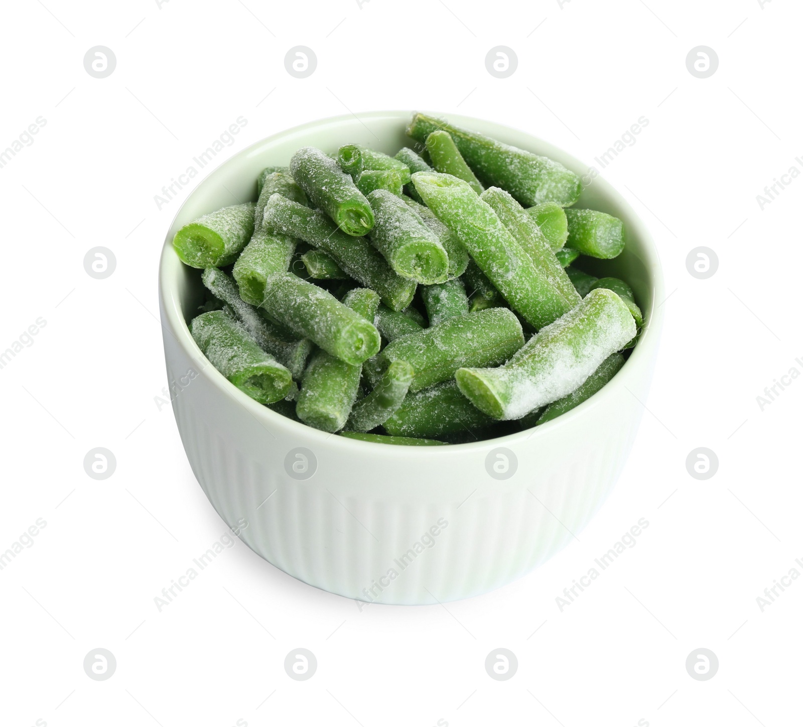 Photo of Frozen green beans in bowl isolated on white. Vegetable preservation