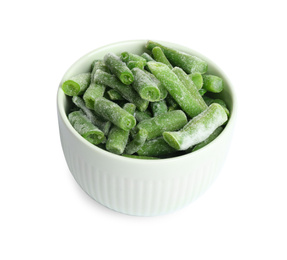 Photo of Frozen green beans in bowl isolated on white. Vegetable preservation
