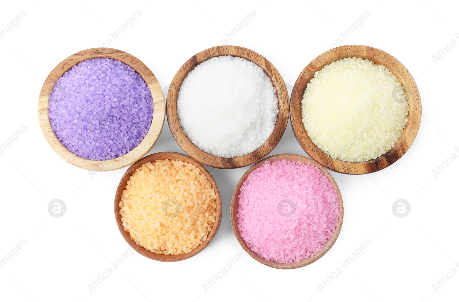 Photo of Wooden bowls with different sea salt on white background, top view