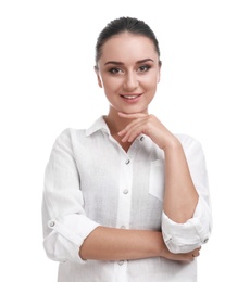 Photo of Beautiful young woman in casual outfit on white background