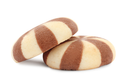 Sweet delicious striped cookies on white background