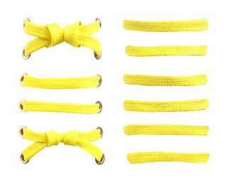 Image of Yellow shoe laces on white background, collage