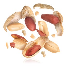 Image of Peanuts and crushed pods in air on white background