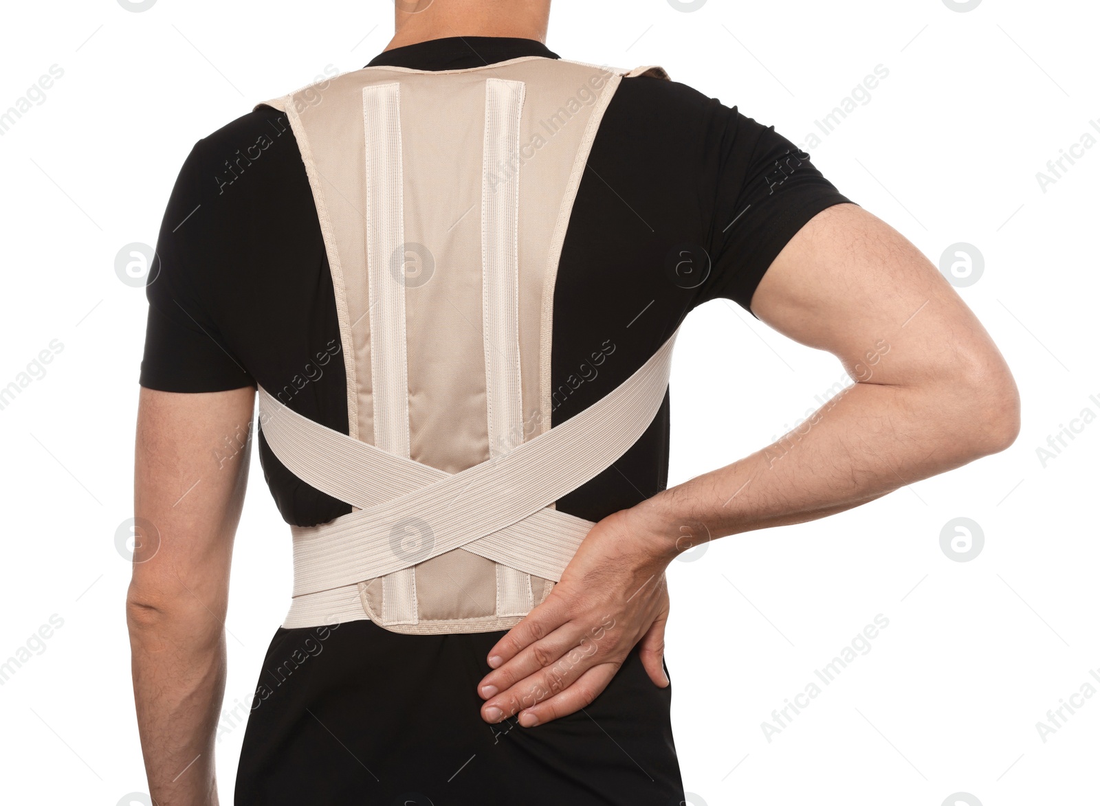 Photo of Closeup of man with orthopedic corset on white background, back view