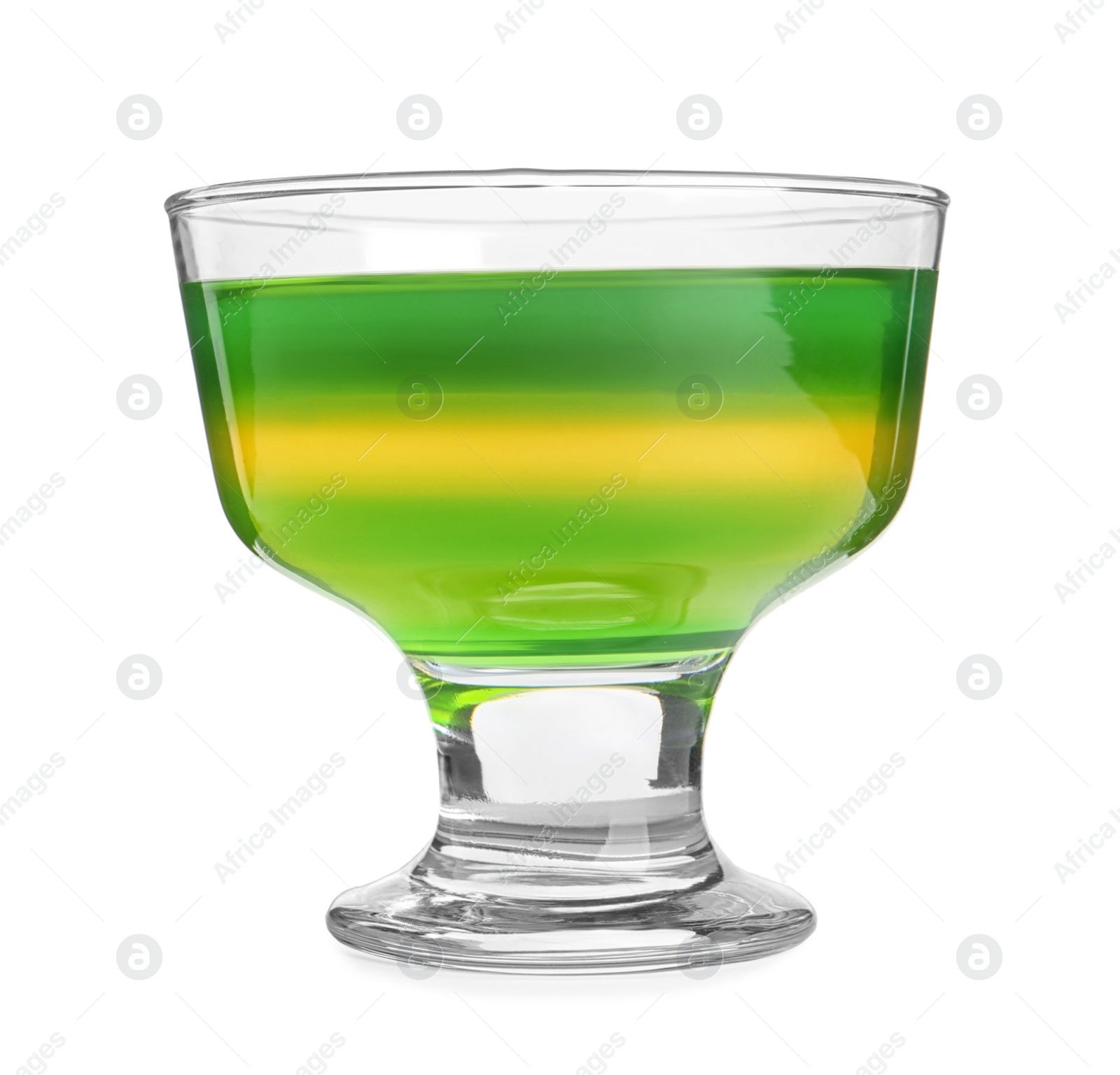 Photo of Tasty layered jelly dessert in glass on white background