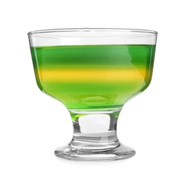 Tasty layered jelly dessert in glass on white background