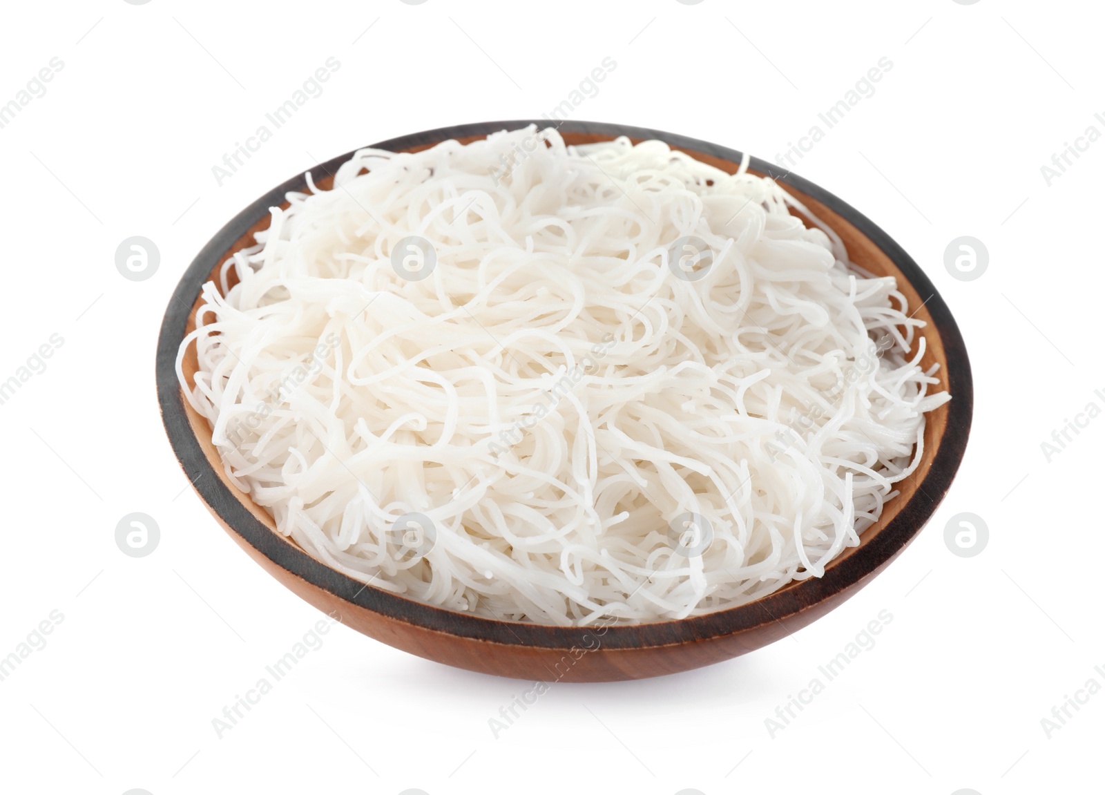 Photo of Bowl with cooked rice noodles isolated on white