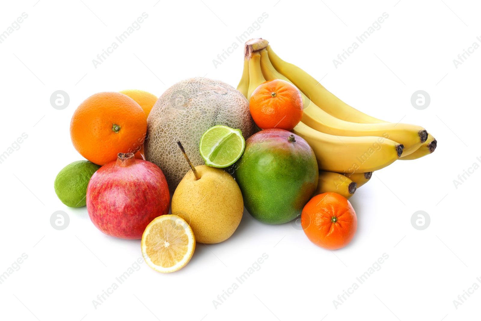 Photo of Set of fresh tropical fruits on white background