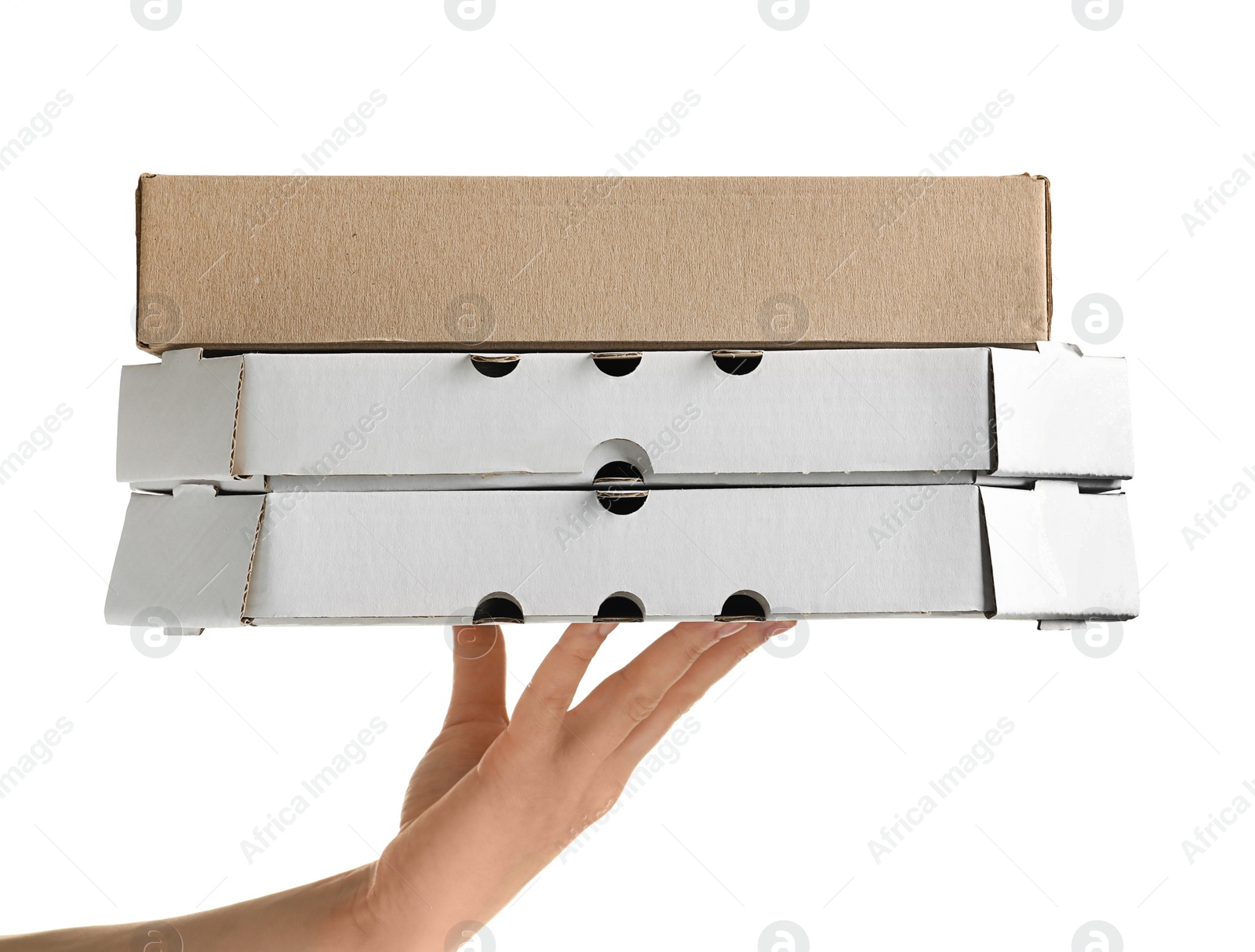 Photo of Woman holding cardboard pizza boxes on white background