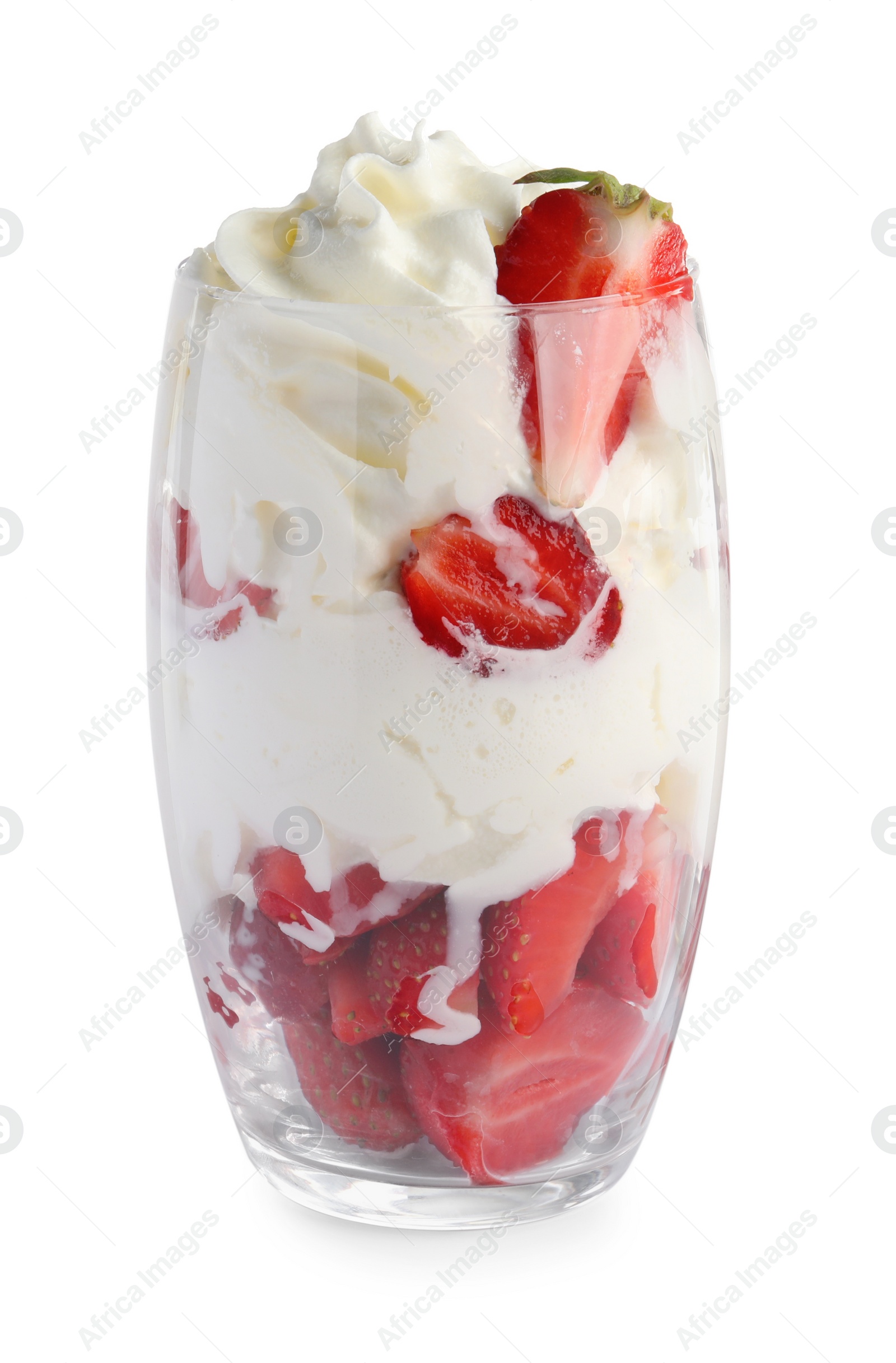 Photo of Tasty dessert of fresh strawberries and whipped cream in glass isolated on white