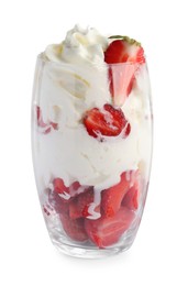 Photo of Tasty dessert of fresh strawberries and whipped cream in glass isolated on white