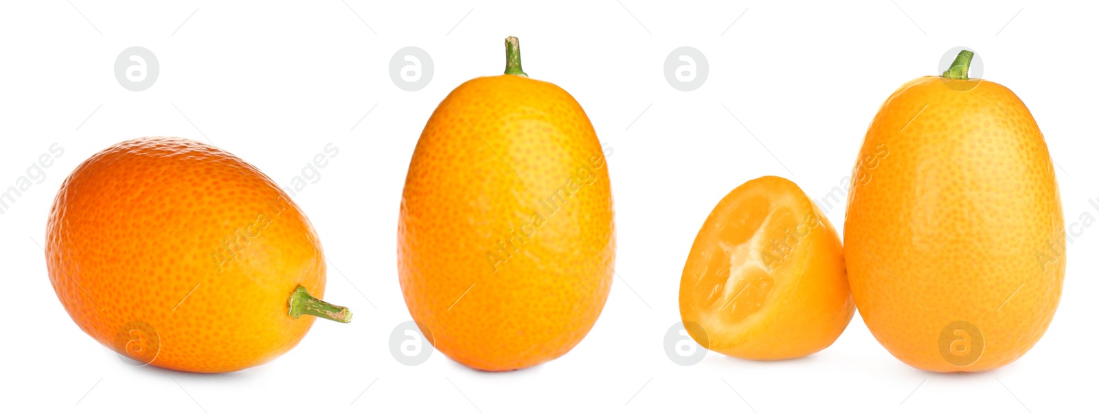 Image of Set with fresh ripe kumquat fruits on white background. Banner design