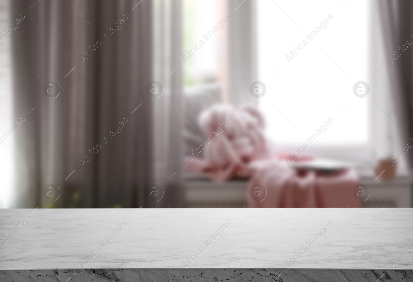 Image of Empty grey stone surface and blurred view of modern window 