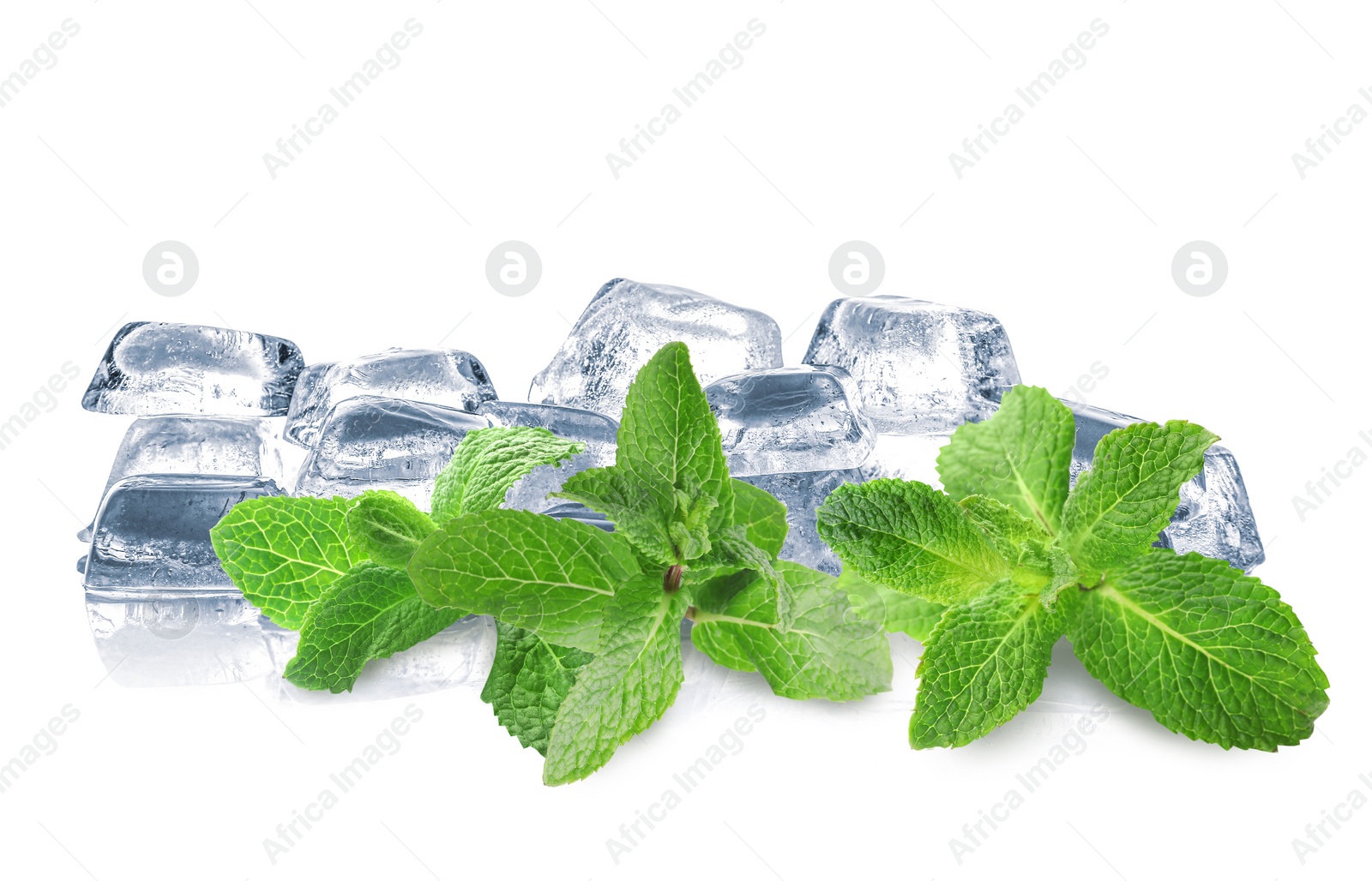 Image of Ice cubes and green mint leaves on white background