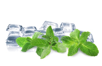 Image of Ice cubes and green mint leaves on white background