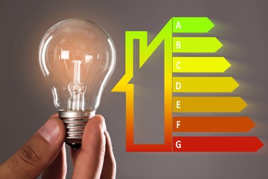 Image of Energy efficiency rating and man holding glowing light bulb on grey background, closeup