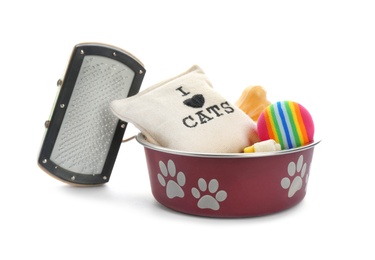 Photo of Toys, accessories for cat and dog on white background. Pet care