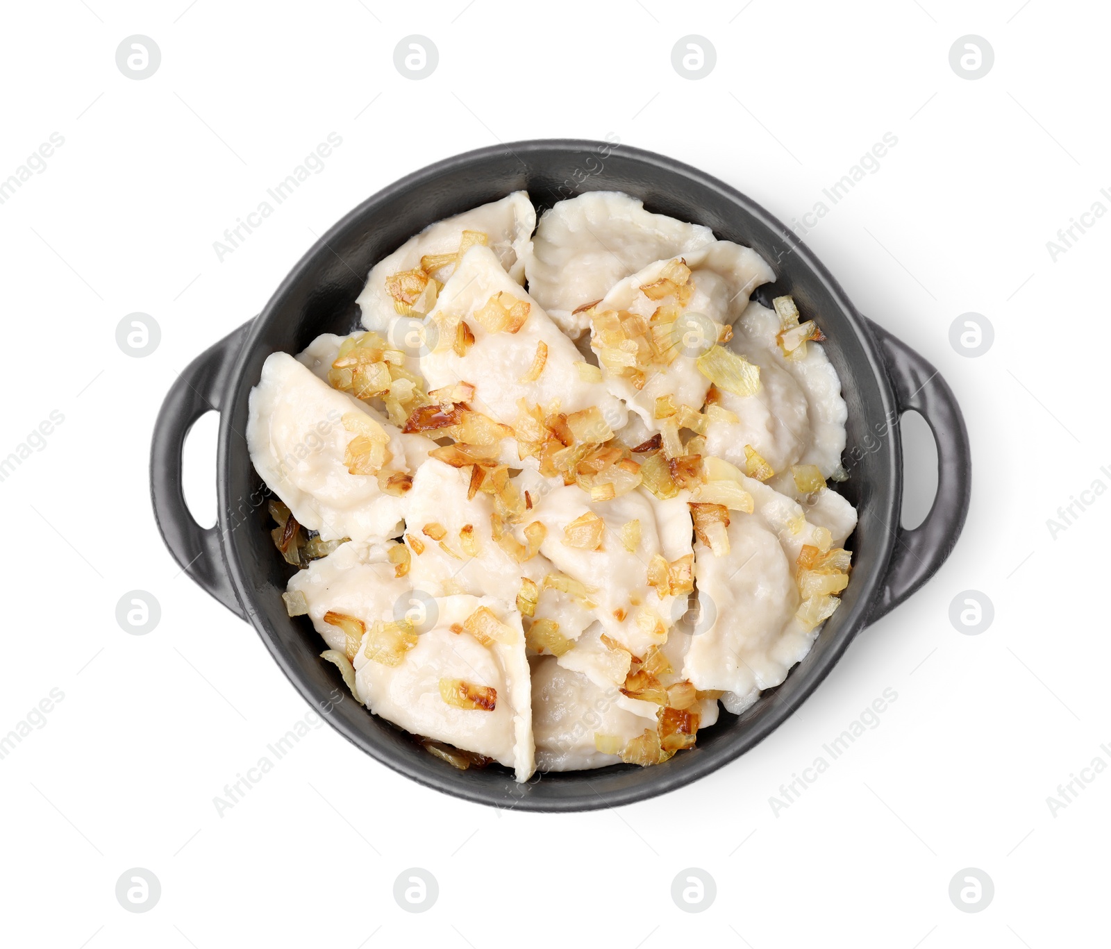 Photo of Cooked dumplings (varenyky) with tasty filling and fried onions on white background, top view