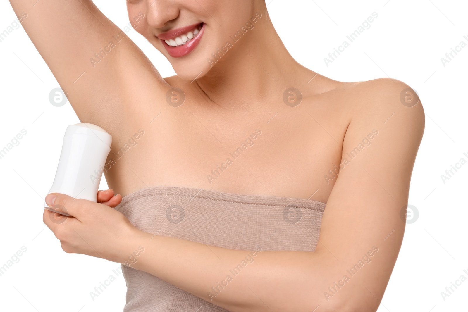 Photo of Woman applying deodorant on white background, closeup