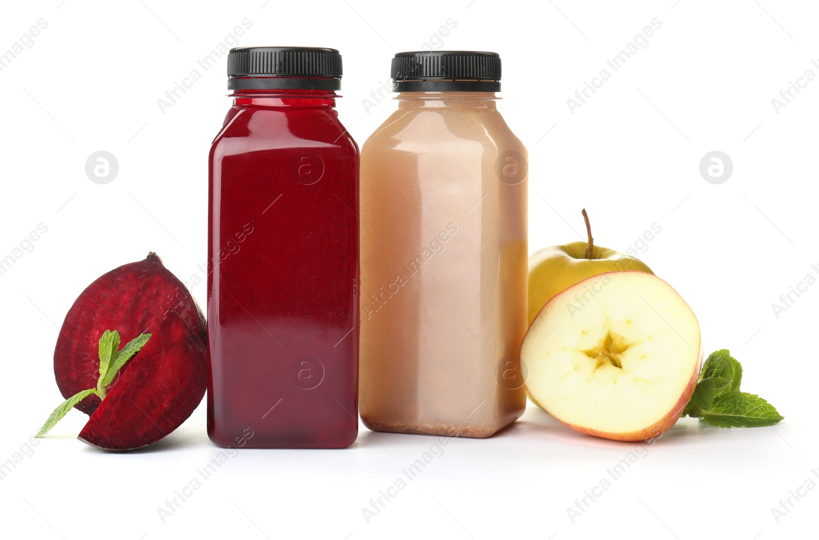 Photo of Bottles with healthy detox smoothies and ingredients on white background