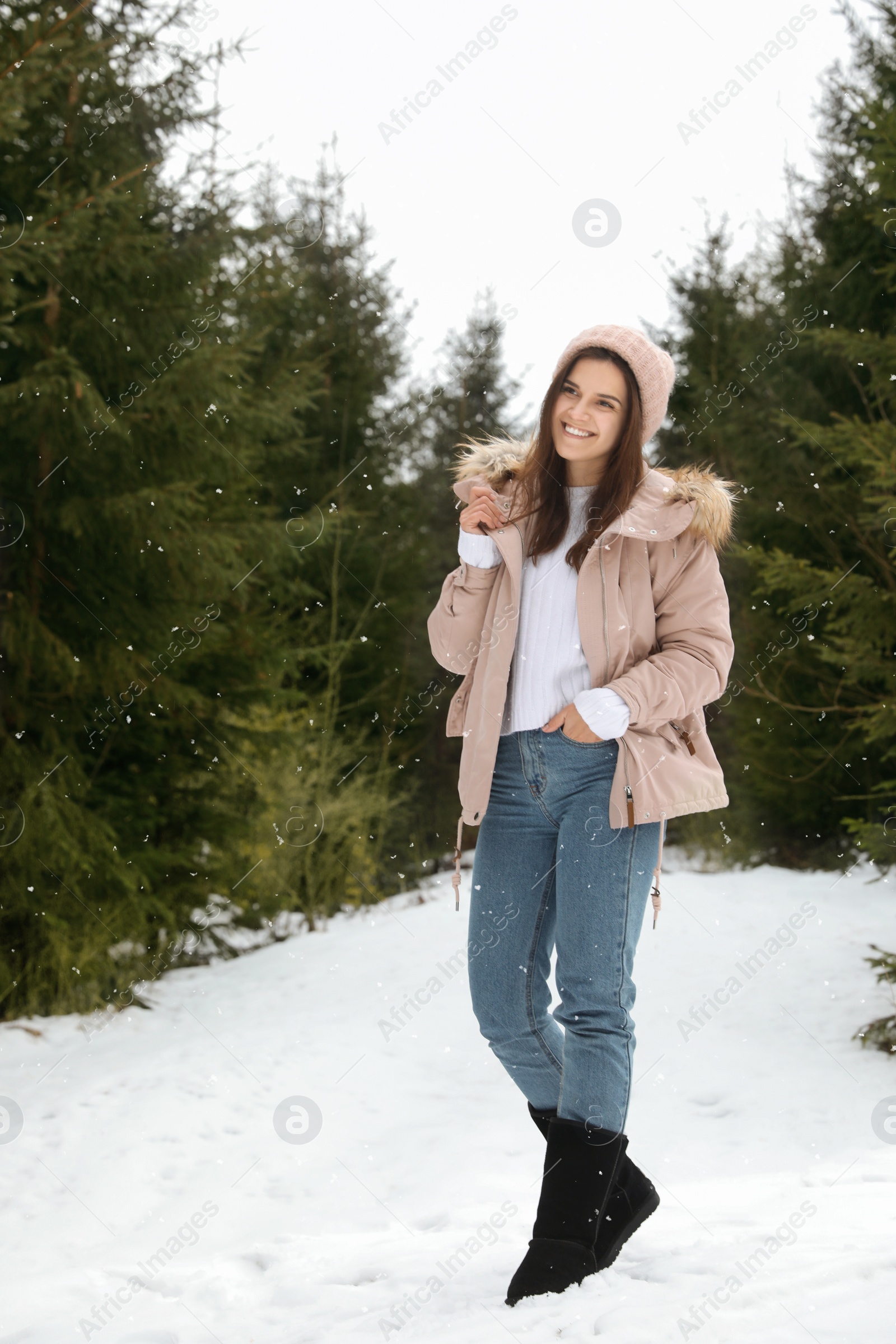 Photo of Young woman in snowy conifer forest. Winter vacation