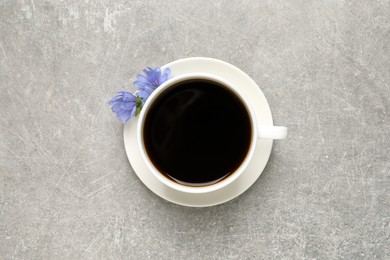 Cup of delicious chicory drink and flowers on light grey table, top view