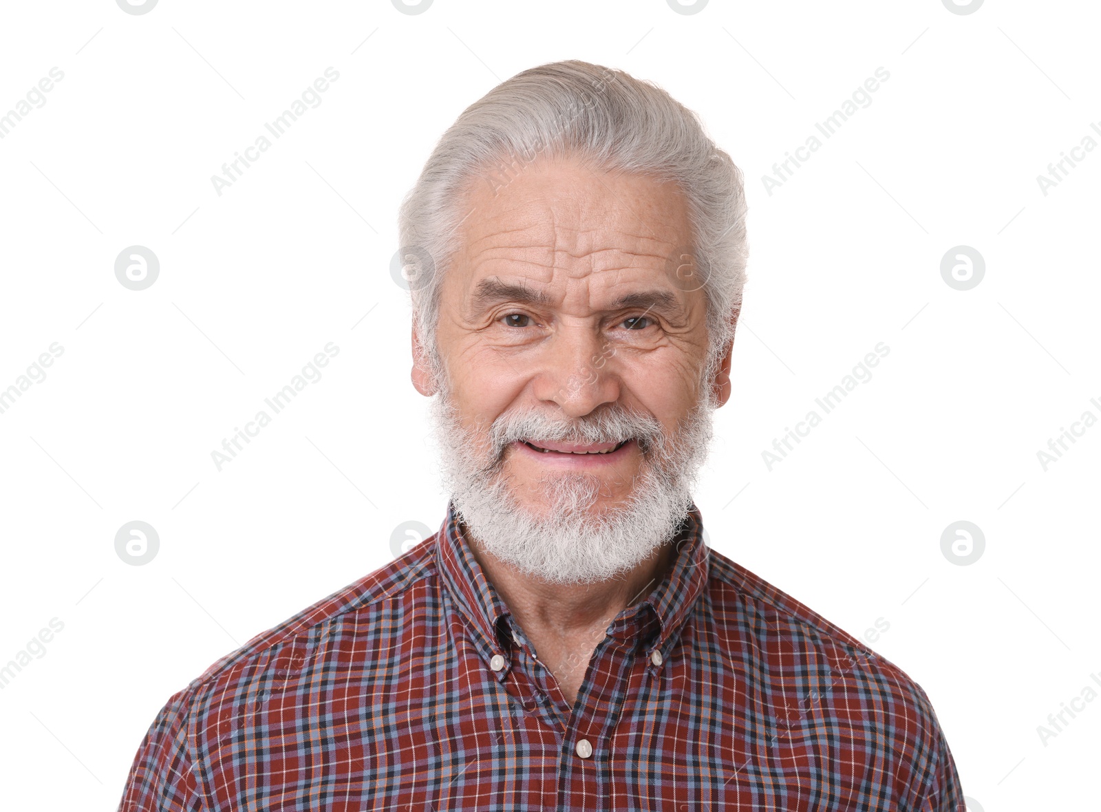 Photo of Portrait of happy grandpa on white background