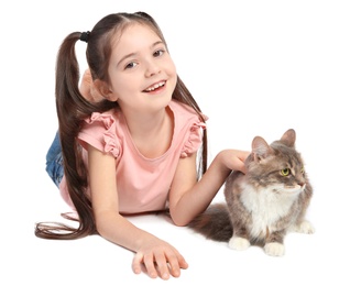 Photo of Cute little girl with cat on white background