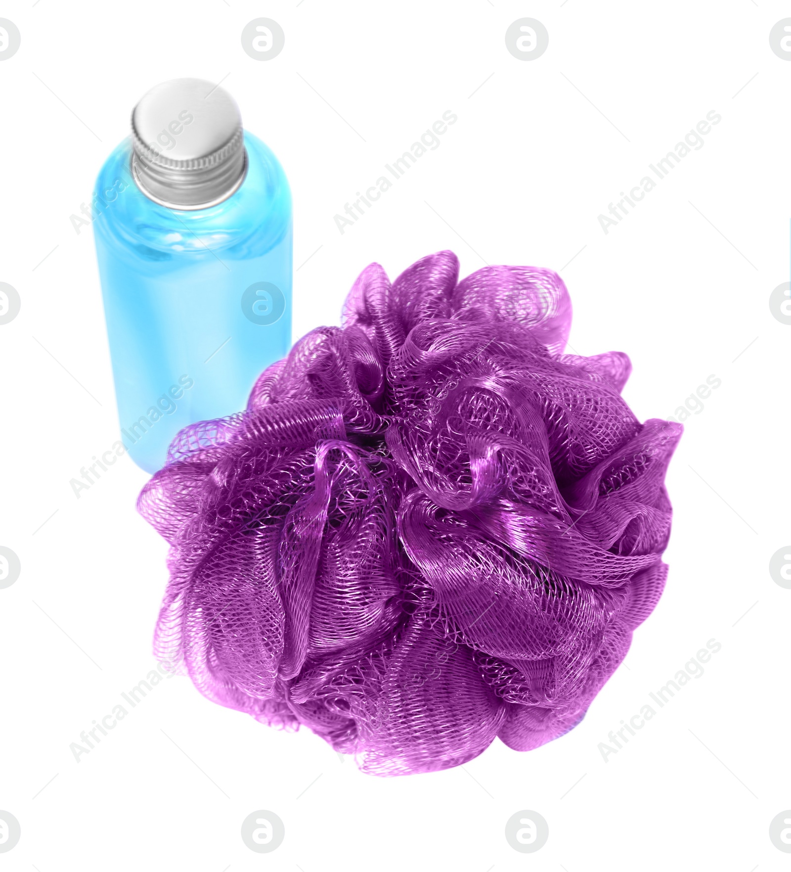 Photo of New purple shower puff and bottle of cosmetic product on white background