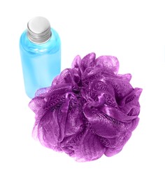 Photo of New purple shower puff and bottle of cosmetic product on white background