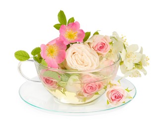 Aromatic herbal tea in glass cup with different flowers isolated on white